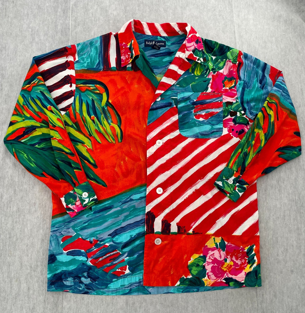 VINTAGE Polo Ralph Lauren Shirt Womens 10 Colorful Camp Brushstroke Button Up